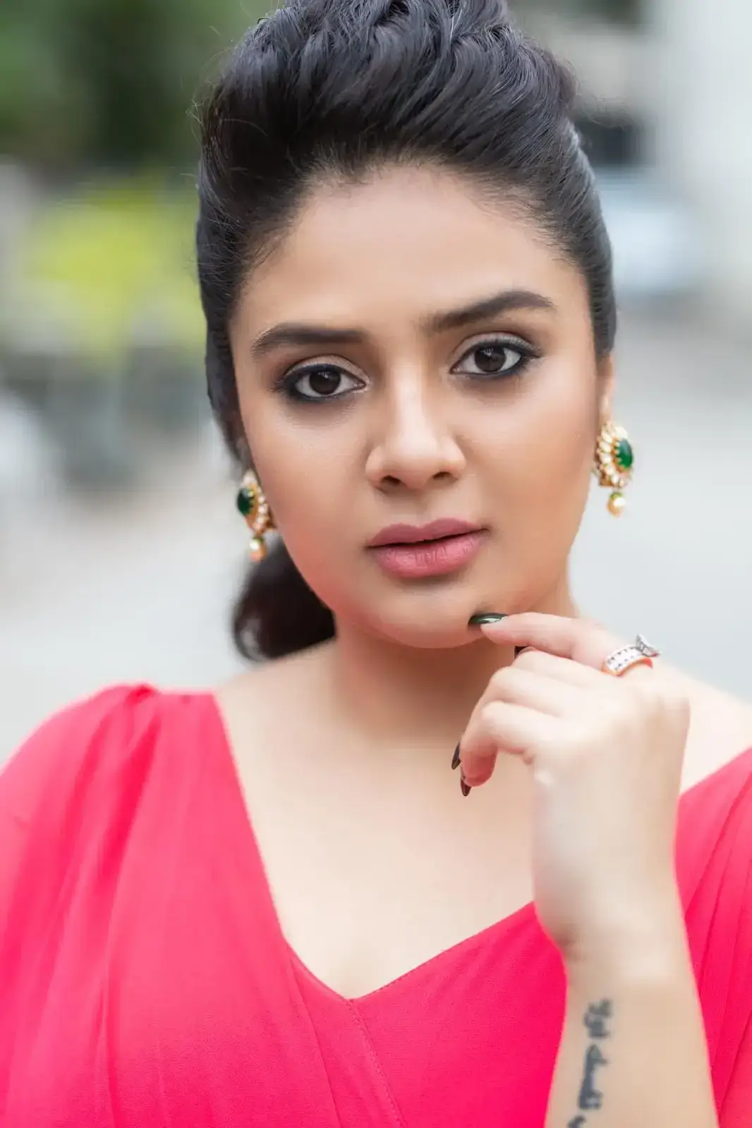 South Indian Television Actress Sreemukhi in Long Red Gown